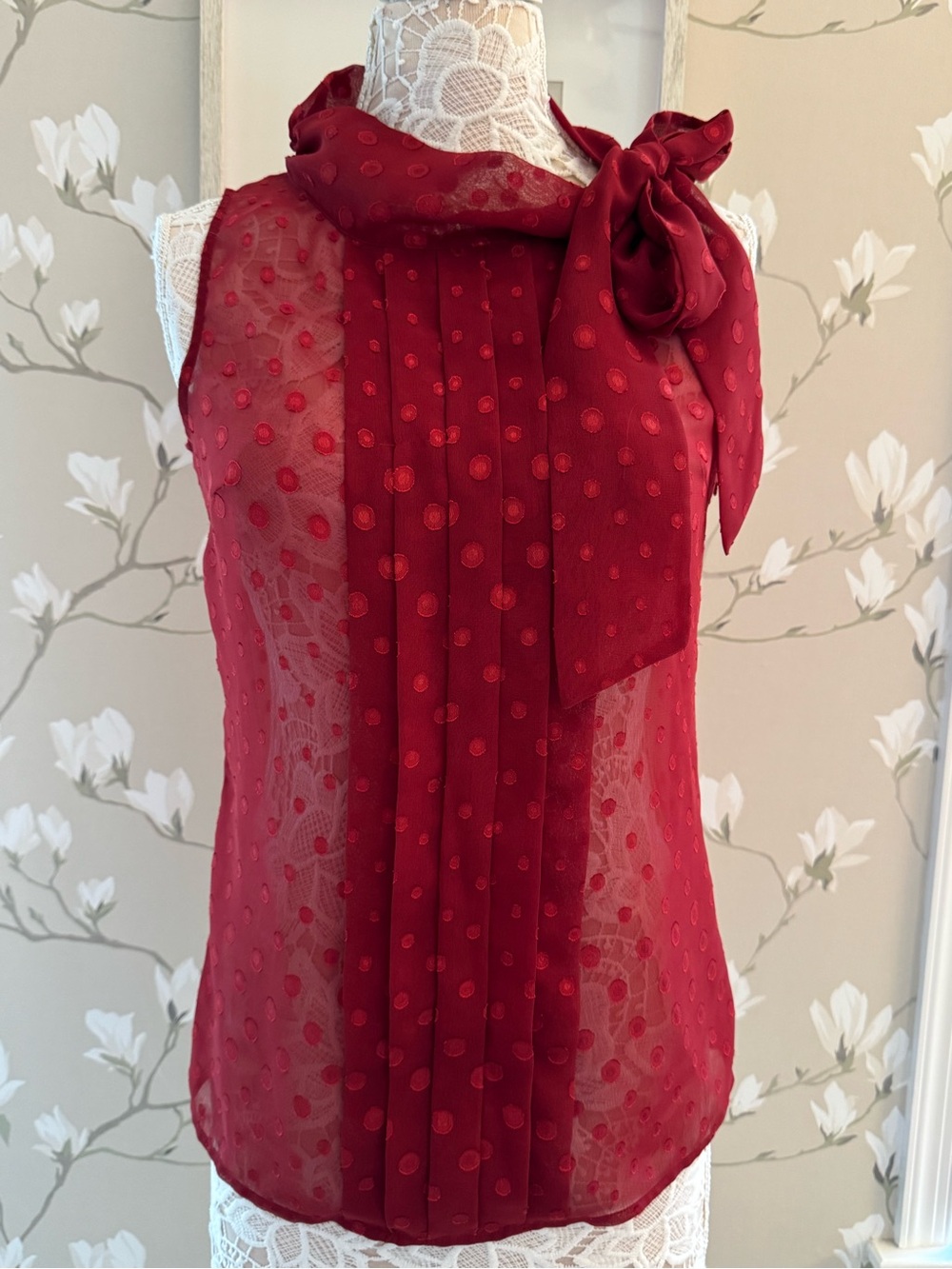 J. Crew Burgundy Sheer Polka Dot Tie-Neck Sleeveless Blouse